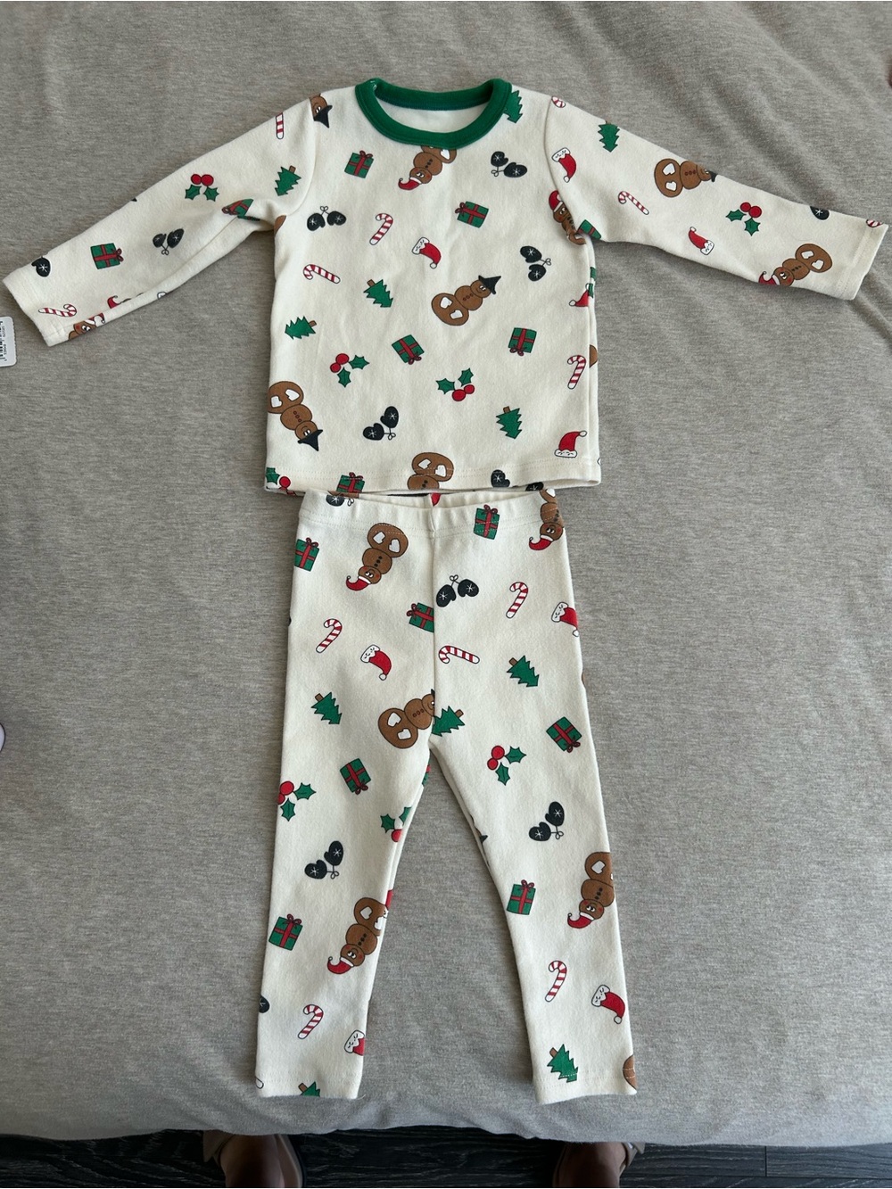 Kids Cream Holiday Pajama Set with Green Trim